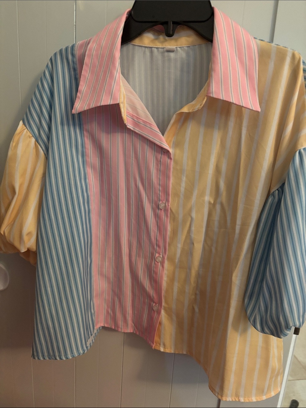 Pastel Striped Button-Up Shirt in Pink, Yellow & Blue